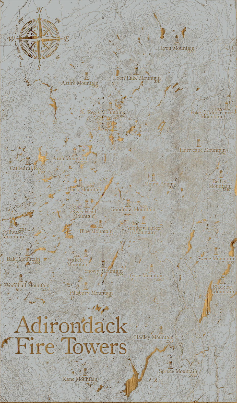 FP1112 - Adirondack Fire Towers, NY Engraved Map (Silver)